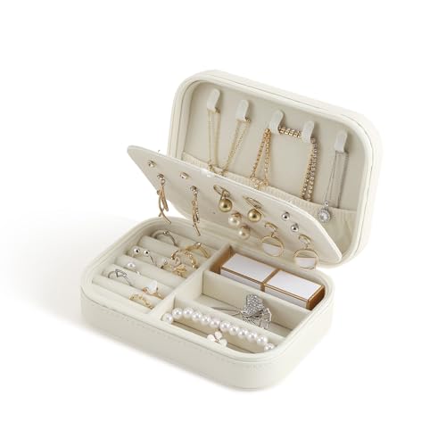 CASEGRACE Portagioie da viaggio, a doppio strato, organizer da viaggio per collane, orecchini, anelli, espositore per gioielli per donne e ragazze, bianco