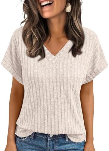 AUTOMET Womens Spring Tops 2026 Summer Dressy Casual Blouses Short Sleeve Cute V Neck Sweater Shirts Fashion Vacation Clothes