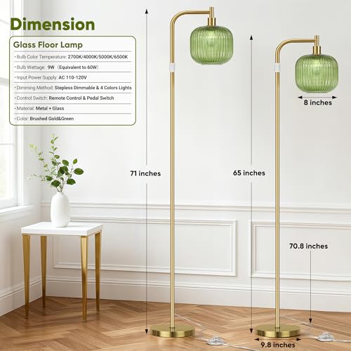 QiMH Glass Floor Lamp for Living Room, Modern Standing Lamp with Green Ribbed Glass Lampshade, Remote Control & Adjustable Height, 65” - 70”Tall Lamp for Bedroom Study Room, Brushed Gold — view 3