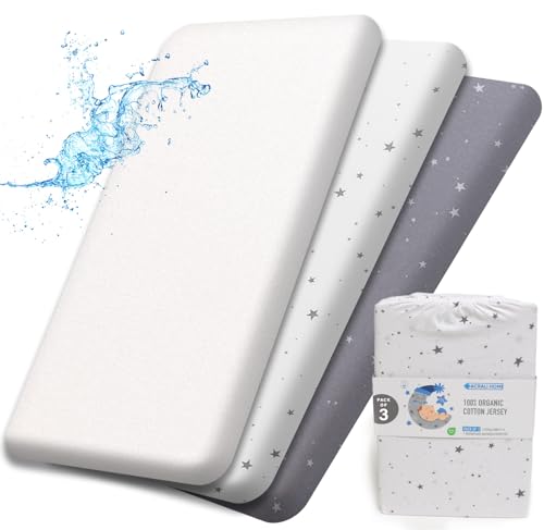 Next to Me Crib Sheets 55x90 cm - 3 Pack, 1 Waterproof Crib Mattress Protector - 2 Fitted Sheets GOTS Certified 100% Organic Cotton Ultra Soft Baby Bedding Fits Chicco, Joie, Tutti Bambini, Maxi Cozee