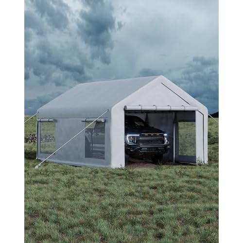 Garvee 10x20 ft Portable Garage, Car Port with 200 g PE Tarp Canopy, with 2 Roll-Up Doors and 4 Windows, for Temporary Paint Booth, Boats&Pickups Shed
