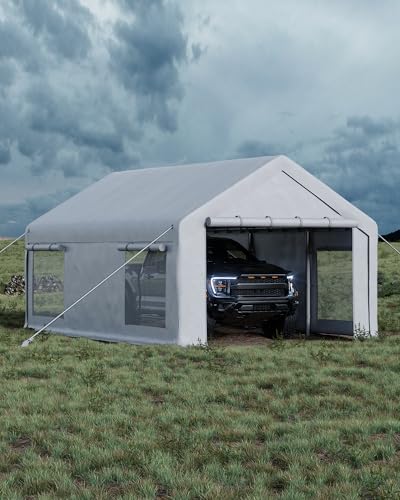 Image of Garvee 10x20 ft Portable Garage, Car Port with 200 g PE Tarp Canopy, with 2 Roll-Up Doors and 4 Windows, for Temporary Paint Booth, Boats&Pickups Shed, and Event Shelter, White