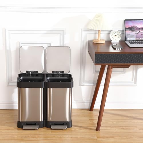 GarveeHome 10 Gallon Step-Open Dual Trash and Recycling Bin with Soft-Close Lid, Modern, Minimalistic for Home, Kitchen, Laundry Room, Office, Bedroom, Bathroom, Without Inner Bucket, 40L(2x20L)