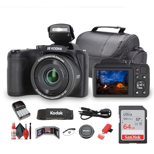 Kodak Pixpro AZ255 Digital Camera (AZ255BK) Bundle Including: 64 GB Memory Card, Rechargeable Batteries, Case, Neck Strap, Lens Caps, Full Cleaning Kit, Card Reader, Card Wallet, USB Cable, Cap Keeper