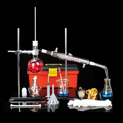 ZAHIKA Aparato de Destilación de Laboratorio,Aparato de Destilación de Vidrio,Kit de Destilación al Vacío,Matraz Erlenmeyer,Kit de Cristalería Química,para Laboratorio,Enseñanza Escolar,Estudiantes