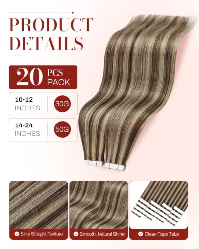 Image of Moresoo Tape in Hair Extensions Brown with Blonde 24in 20Pcs 50g | Tape in hair extensions real human hair, extra-long strands, caramel ribbons, flat tabs for braids and photo shoots