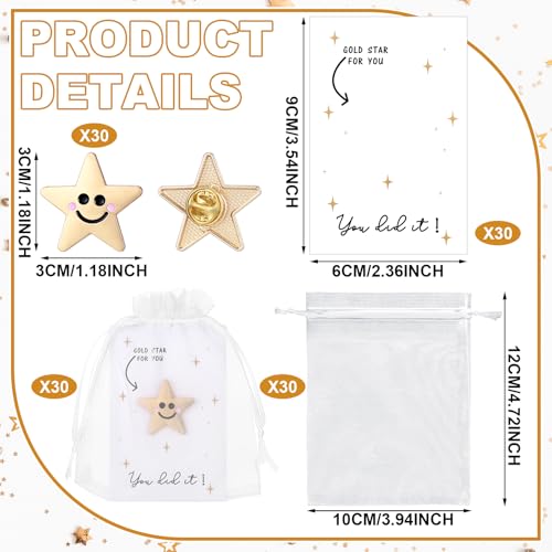Image of Yinkin 30 Sets Golden Star Pins Bulk, Back to School Gift for Student Smile Star Pins with Greeting Cards for Reward Student Teacher Office Coworker Staff