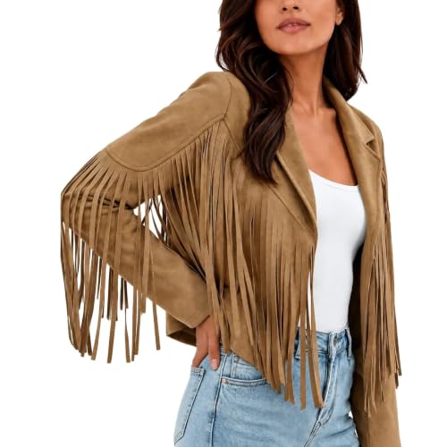 Women Faux Suede Fringe Jacket Notched Lapel Open Front Cropped Blazer Coat - image 6