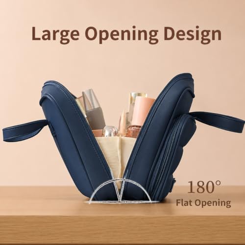 Image of WEMOL Large Opening Cosmetic Travel Bag for Women (Navy Blue Big) | Super Soft, For Brushes, Toiletries, Cosmetics