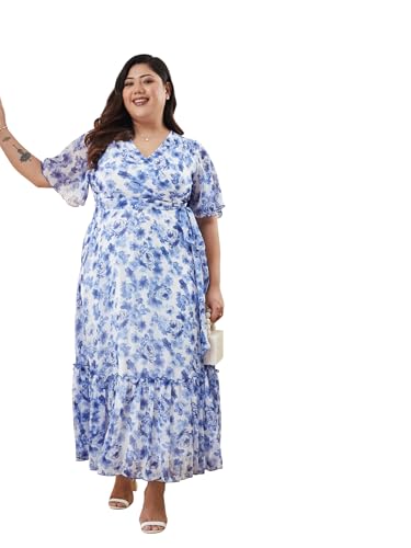 Image of Miss Chase A+ Women's Bohemian V-Neck Flutter Sleeve Chiffon Relaxed Fit Wrap Maxi Dress