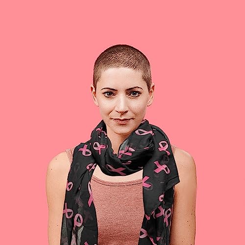 2 Pcs Women's Lightweight Soft Sheer Ribbon Silk Feeling Scarf,Women's Pink Ribbon Breast Cancer Symbol Scarf,Breast Cancer Awareness Scarves,Long Head Wrap Beach Towel Pink Black All Season4