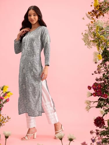 Image of Ada Women's Cotton Straight Fit Straight Hand Embroidered Lucknowi Chikankari Kurta Kurti A411378
