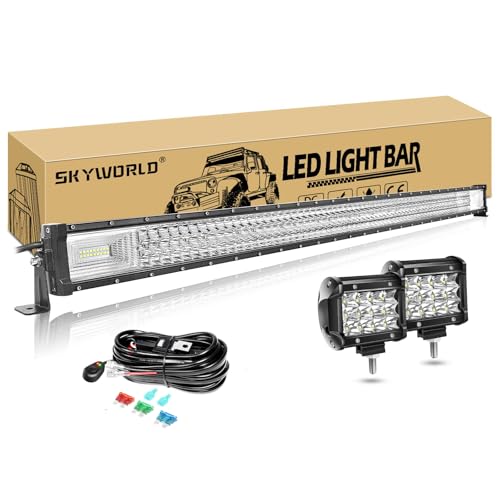 SKYWORLD 52-Inch 675W LED Light Bar Combo Spot Flood Off-Road Lights + 2PCS 4-Inch 36W LED Pods Spot Fog Lights for Trucks, SUV, ATV, UTV, Boat, Trailer - Include Wiring Harness Kit