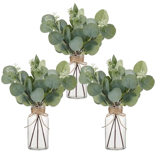 3 Pack Artificial Eucalyptus Stems in Glass Vase, 12" Fake