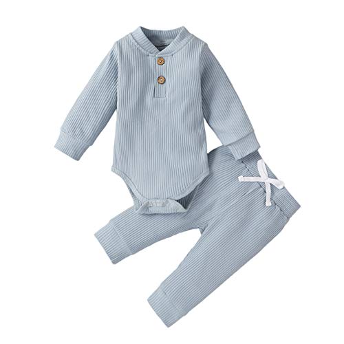Newborn Baby Boy Girl Summer Clothes Ribbed Sleeveless Bodysuits Rompers Tops+Shorts Pants 2PCS Outfits Set Toddler Clothes (Blue Long Sleeve, 0-3 Months)