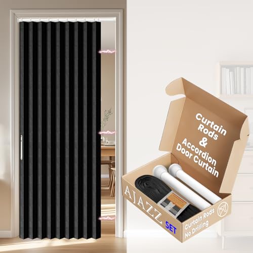 Image of AJAZZ Blackout Magnetic Door Curtain with Curtain Rods Adjustable 28-52 inch Long Pleated Door Curtain Folding Door Invisible Applicable Bedroom Room Living Room Doorway (1 Pack, 54 W x 78 L, Black)