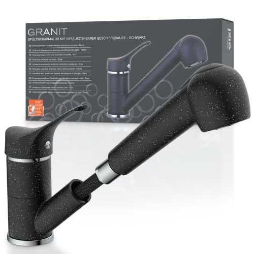EISL Spültischarmatur GRANIT mit Geschirrbrause, 360° schwenkbare Küchenarmatur schwarz, ideal für Doppelspülbecken, Wasserhahn Küche, Einhebelmischer NI183SAGCR Cover