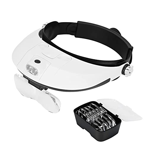 Lychee Lupa con luz LED manos libres diadema iluminada, zoom de 1X a 3.5X con 6 lentes desmontables, lupas montadas en la cabeza con luces para leer, joyería, reparación de relojes (01)