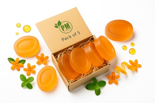 Image of PM Herbal Natural Glycerine Soap | Paraben Free SLS /SLES Free Handmade Herbal Bathing Bars with Coconut Oil, Vitamin E & Essential Oils for Glowing, Moisturized Skin 5 Fragrance (Orange (Pack Of 5))