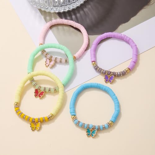 Image of COLORFUL BLING 4-5Pcs Adjustable Cute Butterfly Stackable Stretch Bracelet Multilayer Bohemian Crystal Beads Strand Wrap Bracelet Statement Jewelry Gifts for Women