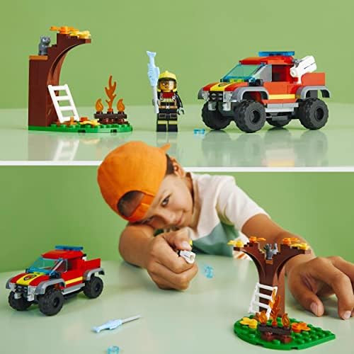 LEGO 60393 City 4x4 Fire Engine Rescue Truck Toy for 5 Plus Year Old Boys & Girls, Set with Water Element Launcher, Firefighter Minifigure and Cat Figure