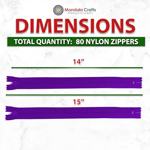 Image of Mandala Crafts 80 PCs Purple Closed-End 14 Inches Nylon Zippers for Sewing