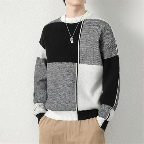 Men's Plaid Knitted Sweaters Long Sleeve Pullover Harajuku Style Slim Fit Round Neck Sweater2