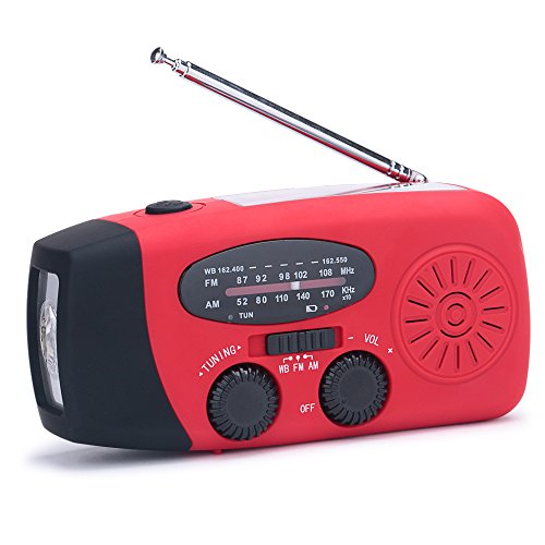 (New Version) Lanshanchu NOAA Weather Radio Solar Hand Crank Emergency Dynamo FM AM WB Radio with 3-LED Flashlight for Hiking Camping Snow Storm Hurricane, 1000mAh Power Bank for Smart Phone (Red)