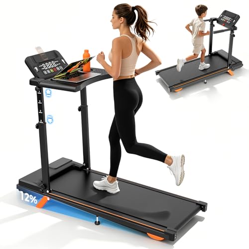 Fasion Trek Run Adjustable Height Walking Pad with Removable Desk 3.5HP Speeds Up to 8.0 MPH 12% Manual Incline Foldable Compact Treadmill with 350 lbs Weight Capacity for Home Office
