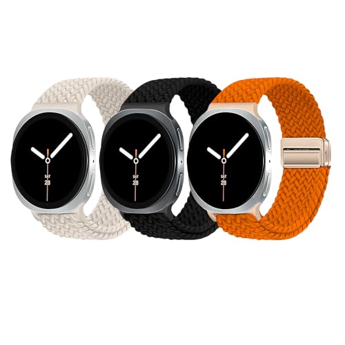 Image of 3 Pack Magnetic Braided Band for Samsung Galaxy Watch 9 8 40mm 44mm, Galaxy Watch8 Classic 46mm, One Click No Gap Elastic Stretchy Nylon Fabric Sport Strap for Women Men (Star Light /Black /Orange)