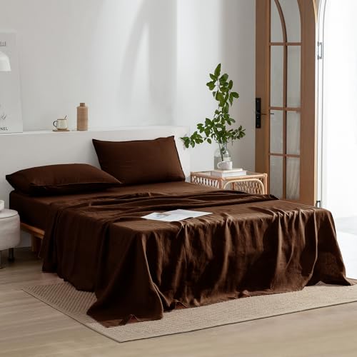 EVERLY Linen Sheets Set Twin Size,100% French Stonewash Pure Linen Sheets Set,3Pieces (1Flat Sheet,1Fitted Sheet,1Pillowcase) Suitable for Hot Sleepers,Deep Pocket Natural Bedding Set-Chocolate