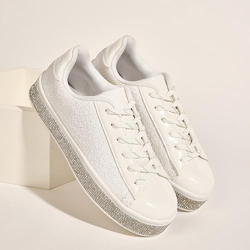 Image of UUBARIS Women's Glitter Tennis Sneakers Neon Dressy Sparkly Sneakers Rhinestone Bling Wedding Bridal Shoes Shiny Sequin Shoes