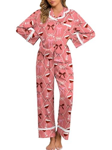 Image of Jusfitsu Women's Silk Satin Pajamas Long Sleeve Ruffle Button Down Pjs Sets
