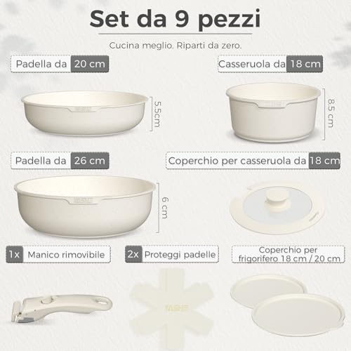 YASHE Batteria Pentole 9 Pezzi, Set Pentole Antiaderente con Manici Amovibili e Coperchi, Pentole Impilabili Salvaspazio, Compatibile con Induzione e Tutti i Piani Cottura, Lavabile in Lavastoviglie, - immagine 3
