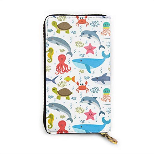 Preisvergleich Produktbild JHGFG Wale Tintenfische Schildkröten und andere Meereslebewesen Echtes Leder Geldbörse Lange Damen Geldbörse Handtasche Multi Kartenhalter Organizer Für Frauen Personalisiert