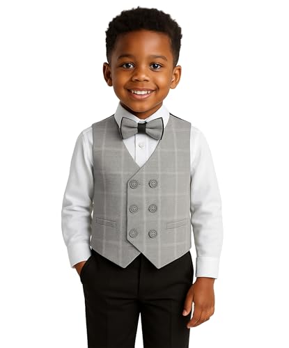 SIRRI Boys Cotton Check Double-Breasted Vest Suit 4PC Set Slim Fit Ages 2-9