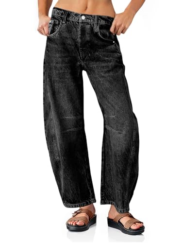 PLNOTME Women's Baggy Boyfriend Jeans Vintage Wide Leg Mid Rise Barrel Denim Ankle Pants