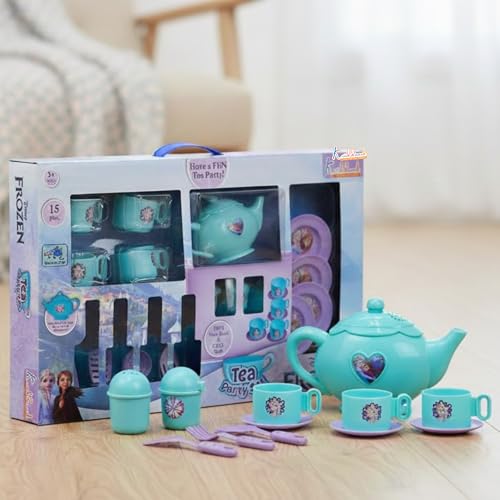 Image of Frozen Tea Party Set for Girls - Elsa & Anna 15-Piece Trolley Playset with Electronic Kettle, Realistic Boiling Sounds & Lights - Interactive Pretend Play Kitchen Toy for Kids Ages 3+