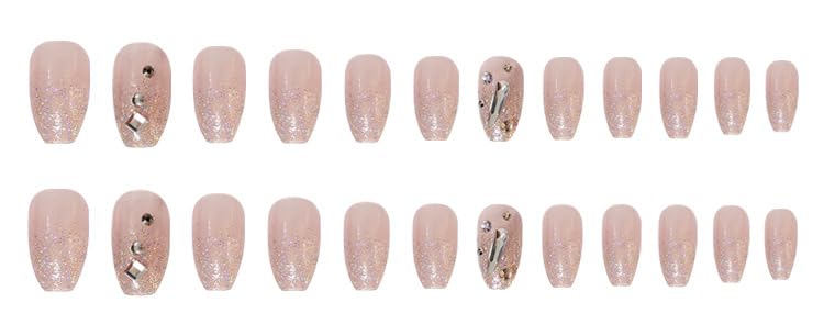 Miniatura 4 de Uñas postizas a presión de color rosa con pegamento cuadradas, uñas postizas medianas con punta de purpurina con diseños de diamantes de imitación,