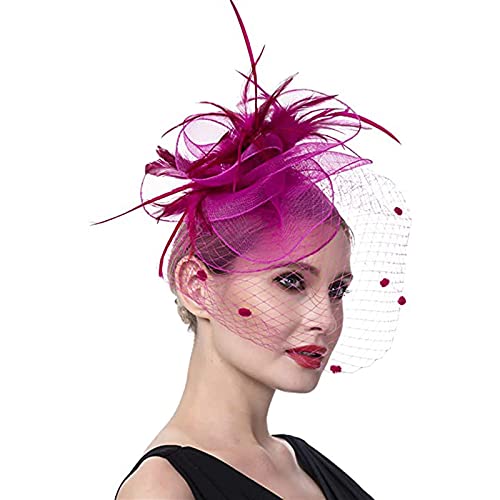 Fascinators Hut,Haarspange Blumen Mesh Federn Stirnband,Haarschmuck,Blumen Kopfschmuck,Visoren für Damen,Haarspangen & -Clips,Hochzeit Derby Cocktail Hut,Pferderennen Abiball Party (Heiß Rosa) Cover
