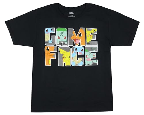 Pokemon Boy's Game Face 1st Generation Starter Pikachu, Bulbasaur, Squirtle, Charmander Kids Short Sleeve T-Shirt