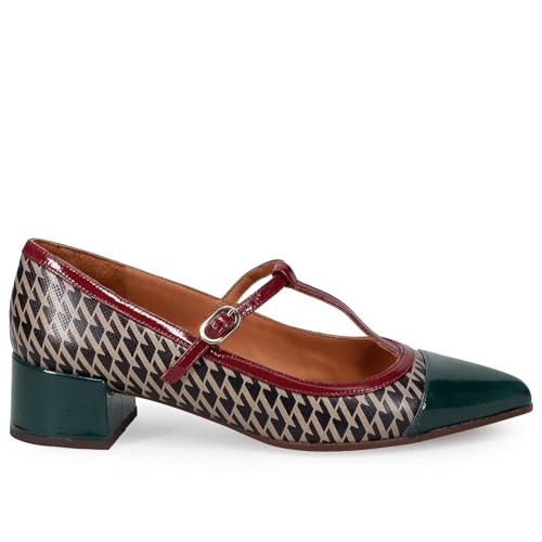 Chie Mihara Mary Jane Jenu Verde Bosque, Negro y Burdeos con Tacón Bajo - CM JENU45 Sucre Forest - Talla, multicolor, 39 EU
