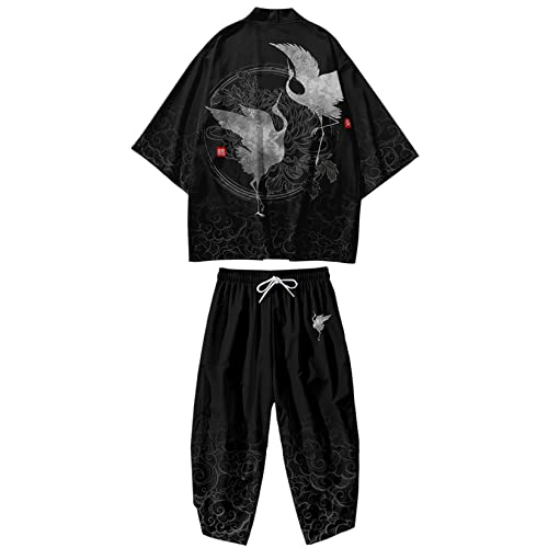 Image of DOSLAVIDA Men's Japanese Kimono Jacket Set Stylish Open Front Coat With Shorts Chinese Style Printed Cardigan Suit