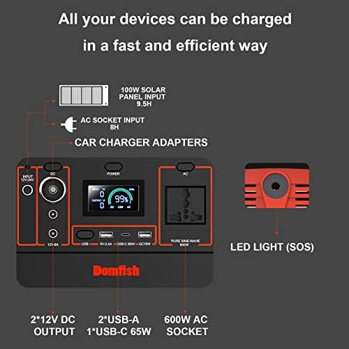 Domfish 600, 568Wh Portable Power Station, 600W Solar Generator, Energy Storage Power Supply Generator for RV Camping, Outdoor Adventure, Emergency(Solar Panel Not Included)