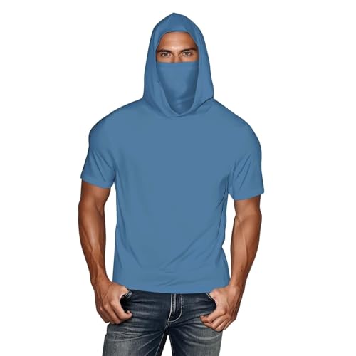 Sudadera con capucha de manga corta con protección solar UPF 50+ para hombre, color gris, de secado rápido, con máscara facial integrada, camisa ligera y transpirable para pesca al aire libre