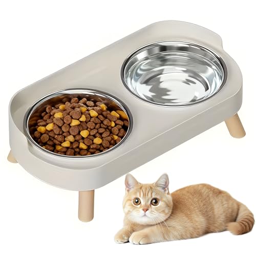 2 Stück Katzennapf - Erhöhter Katzen Napfset Edelstahl Doppelt Katzennäpfe mit Ständer und Spritzschutz rutschfeste Fressnapf Katze Napf -...