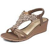 TEMOFON Women's Low Wedge Heels Summer Dressy Platform Sandals Elastic Ankle Strap Open Toe Shoes Bronze/Brown Size 8