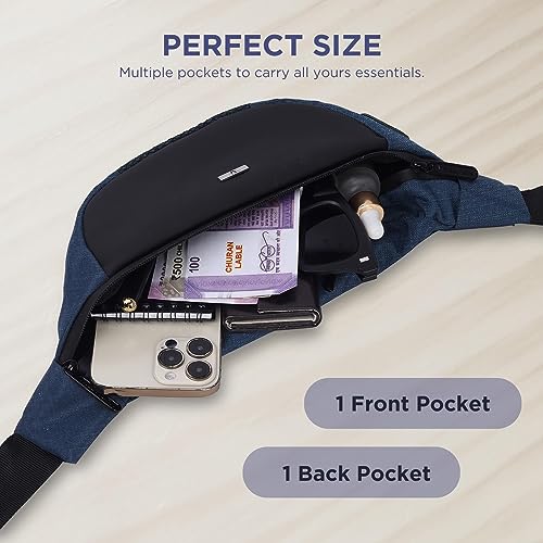Image of WILDHORN 2.4L Waist Bag for Men Women I Headphone Hole I Ultra Strong Stitching, Sturdy Zippers, Waterproof, Fanny Pack for Hiking Travel Camping Running Sports with Adjustable Strap (Blue Melange)