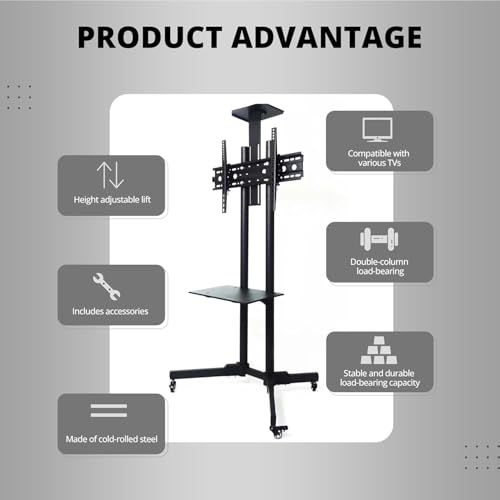 Image of Inlight Rolling /Mobile TV Cart with Wheels for 32-65 Inch LCD LED 4K Flat Screen TVs, TV Floor Stand with Shelf Holds Up to 50 Kgs /110 lbs | Adjustable Height Trolley Max VESA 600 x 400 mm