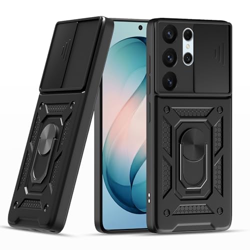 Image of Pikkme Back Cover for Samsung Galaxy S26 Ultra 5G | 360 Protection Case | Sliding Camera Shield Cover & Ring Holder Stand D10 Tough Armor Bumper Case (Black)